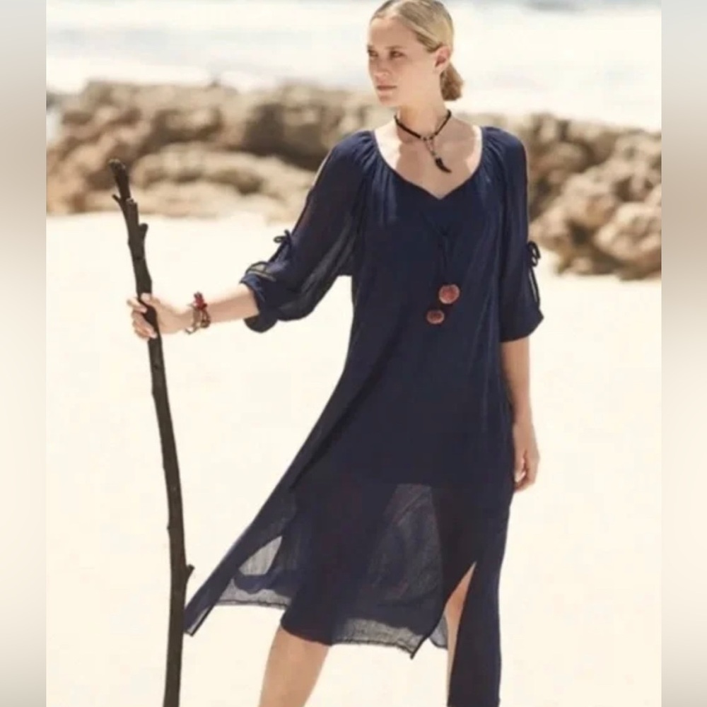 Johnny Was Calme Navy Blue Gauze Split Sleeve Midi Dress Women Size Medium